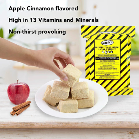 One Person 3 Day Emergency Kit With Five Year Emergency Food And Water showing apple cinnamon food bar, yellow package in background.