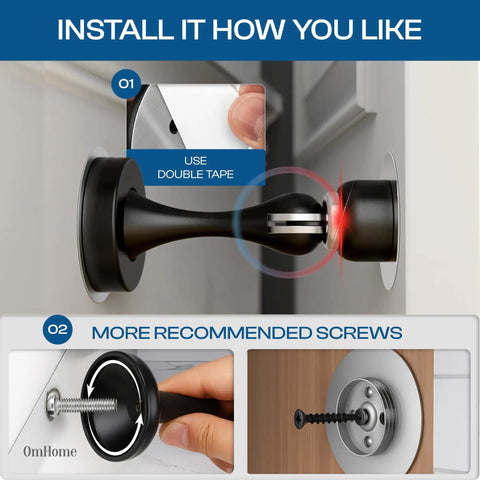 Grip Tight Magnetic Door Stops No Hassle Drilling With Dependable 3M Adhesive Tape showcasing installation steps with double tape.