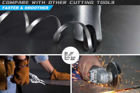 Electric Metal Shear For Sheet Metal, 14 Gauge, 5.0 Amp Motor cutting metal sheet with curled edges and sparks.