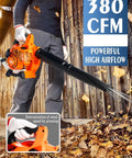 Person using Beast Power Handheld Gas Leaf Blower With 26cc Two Cycle Engine Delivers 180 MPH Air And 380 CFM For Fast Yard Cleanup Leaves Driveways And Light Snow Removal Black Orange Finish outdoors