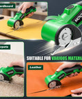 Cordless 4V Electric Box Cutter With Led Light And Safety Lock Powerfully Slices Cardboard Boxes Plastic Sheet Leather Fabric Up To Quarter Inch Thick For Home And Office Jobs Fast Efficient Cutting, shown cutting cardboard, carpet, and leather.