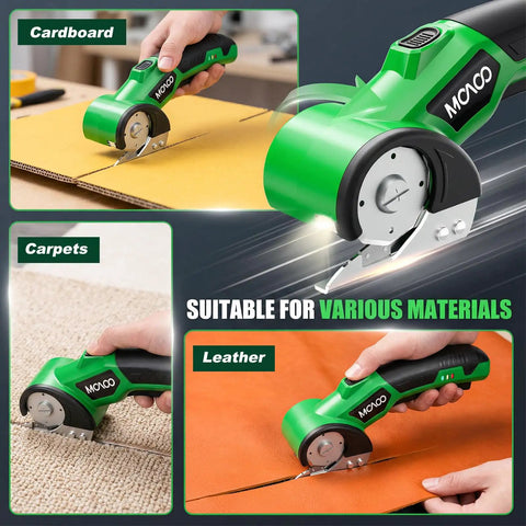 Cordless 4V Electric Box Cutter With Led Light And Safety Lock Powerfully Slices Cardboard Boxes Plastic Sheet Leather Fabric Up To Quarter Inch Thick For Home And Office Jobs Fast Efficient Cutting, shown cutting cardboard, carpet, and leather.
