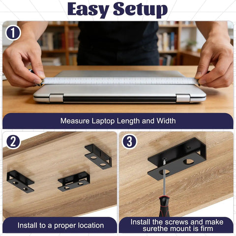 Easy setup for Slick Under Desk Laptop Mount Game Changer For Compact Home Offices featuring adjustable brackets.