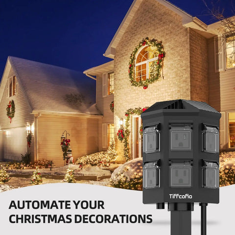 Heavy Hitter Outdoor Power Strip Timer With Dusk To Dawn Light Sensor, waterproof six outlet extension cord at a decorated house.