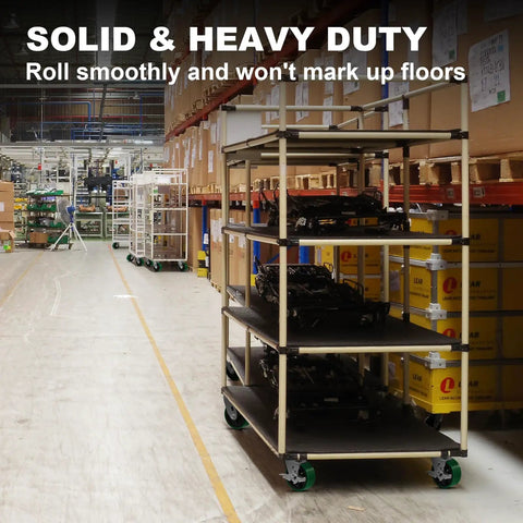 Industrial cart with 5 Inch By 2 Inch Heavy Duty Caster Wheels Set Of Four With Polyurethane On Cast Iron Wheel in warehouse