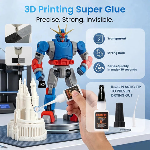 3D printing super glue with robot figure and castle model, illustrating precise application and strong hold features.