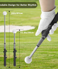 Retractable Golf Swing Training Aid For Beginners With Instant Click Feedback, shown with dimensions and user holding grip.