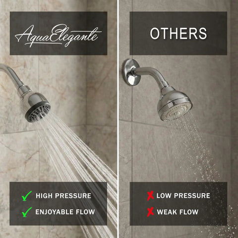 Comparison of High Pressure Shower Head That Delivers Real Power With A 3 Inch Spray Face against a weaker shower head.