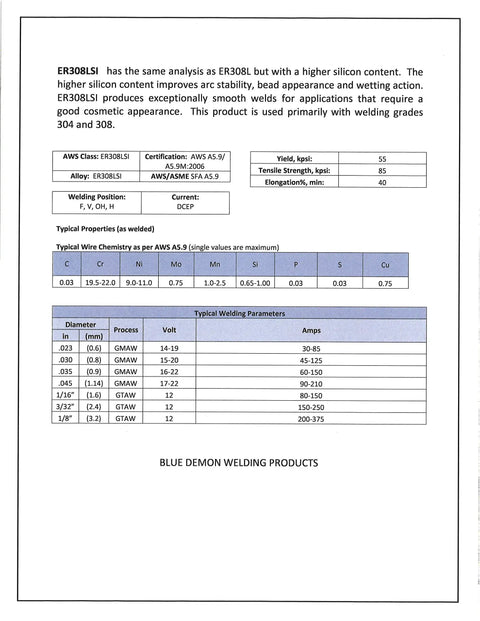 ER308LSI Stainless Steel TIG Welding Rod.035 X 36 Inch, 1 Lb Tube For 304 And 308 Welds, technical spec sheet
