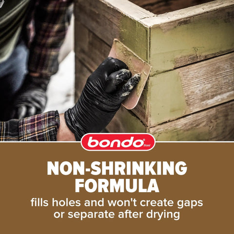 Applying Bondo wood filler for smooth, gap-free finishes on damaged wood surfaces, showcasing non-shrinking formula.