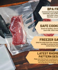 Heavy Duty Vacuum Sealer Bags 8x12 Inch 200 Quart BPA Free Food Saver, sealing meat with 7 layer bone guard and diamond grid design