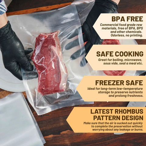 Heavy Duty Vacuum Sealer Bags 8x12 Inch 200 Quart BPA Free Food Saver, sealing meat with 7 layer bone guard and diamond grid design