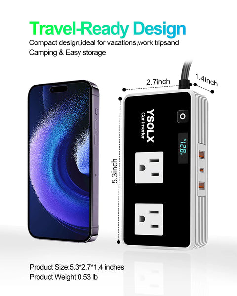 300 Watt Car Power Inverter Converts 12 Volt Dc To 110 Volt Ac Featuring Dual Usa Outlets And Four Fast Usb Ports, compact design next to smartphone.