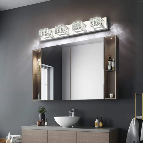 Sleek 4 Light LED Bathroom Vanity Bar With Crystal K9 Accents In Chrome Finish For Over Mirror Install Bright Modern Bath Lighting For Sinks And Medicine Cabinets
