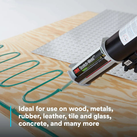 Composite urethane adhesive DP6310NS applied on wood surface, showing non-sag paste in use.