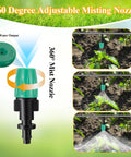 50 Pcs Adjustable Atomizing Nozzles For 1/4 Inch Drip Irrigation Tubing shown emitting mist on plants in garden setting