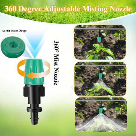 50 Pcs Adjustable Atomizing Nozzles For 1/4 Inch Drip Irrigation Tubing shown emitting mist on plants in garden setting