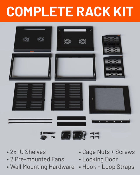 12U Enclosed Wall Mount Network Rack With Dual 1U Shelves Pre Mounted Fan Lockable Front Door Hardware Kit And 600mm Depth components