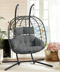 Double Egg Chair With Stand For Indoor And Outdoor Use, 2 Person Hanging Rattan Wicker Swing, Comfy Loveseat With Cushion