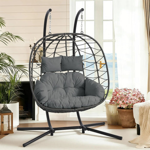 Double Egg Chair With Stand For Indoor And Outdoor Use, 2 Person Hanging Rattan Wicker Swing, Comfy Loveseat With Cushion