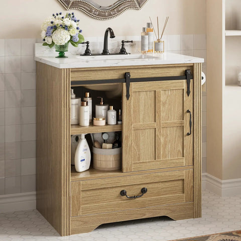 Slick 30 Inch Bathroom Vanity With Integrated Sink And Smooth Sliding Barn Door Modern Farmhouse Bathroom Cabinet Offering Real Deal Soft Close Drawer And Sick Storage Space For A Clutter Free Setup