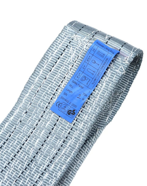 Heavy Duty Two Leg Bridle Web Sling Polyester Lifting Strap With Tough Steel Grab Hooks 6.56 Feet Long close-up of fabric and label