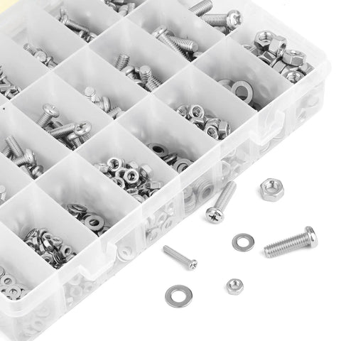 Stainless Steel Nuts And Bolts Assortment Kit, 810 Piece Diy Hardware Set With M3 M4 M5 M6 Phillips Pan Head Screws, Machine Screws, Washers, And Clear Storage Box For Home Improvement Projects shown in compartments