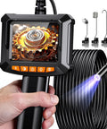 Handheld Endoscope Camera With Light 2.8 Inch IPS Screen showing gear image, with semi-rigid probe and attachments shown.