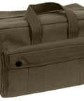 Rugged Heavy Duty Mechanic Tool Bag For Ultimate Gear Organization With Eight Interior Tool Pockets And Two Exterior Snap Pockets Olive Drab Canvas For Contractors And DIY Enthusiasts, shown closed with handles visible.
