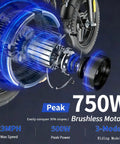 Close-up of Folding Electric Bike For Adults And Teens, 750W Peak Motor, Up To 23 MPH Top Speed, detailed motor design.
