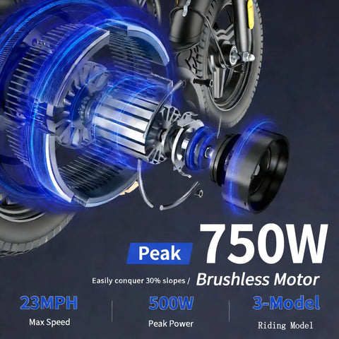 Close-up of Folding Electric Bike For Adults And Teens, 750W Peak Motor, Up To 23 MPH Top Speed, detailed motor design.