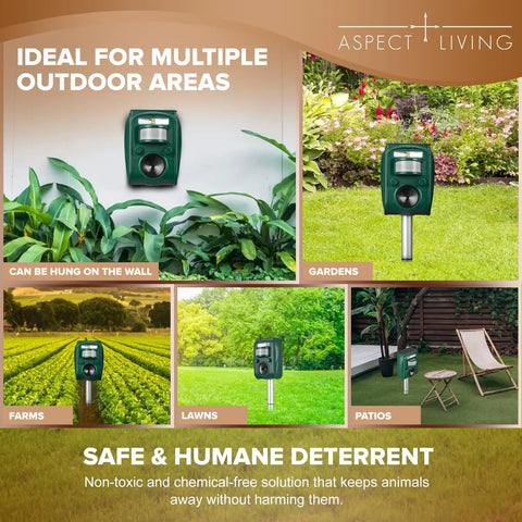 Outdoor Ultrasonic Pest Repeller With Motion Sensor And LED Strobe Lights, Dual Ultrasonic Waves To Deter Cats, Deer, Squirrels, And Rodents For Yard, Garden, And Lawn, Weatherproof IP65 Waterproof Deterrent For All Season Protection in various outdoor settings