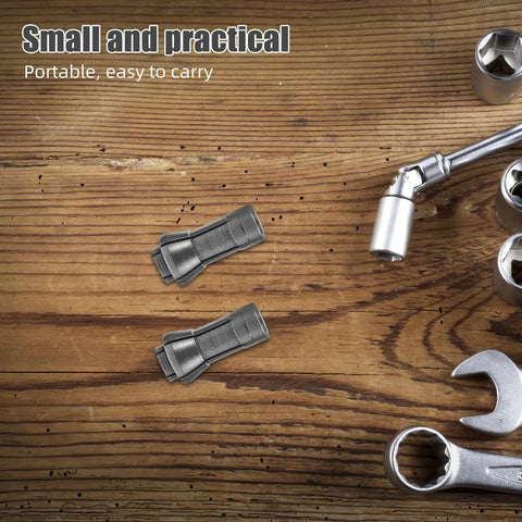 3 Piece Pro Grade 6mm Rotary Tool Collet Set Alloy Precision Clamping Chuck Adapter on wooden background with tools