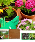 Gardening tools and pots with plants using Compressed Reusable Mulch And PH Balanced Potting Soil For Indoor Outdoor Gardening