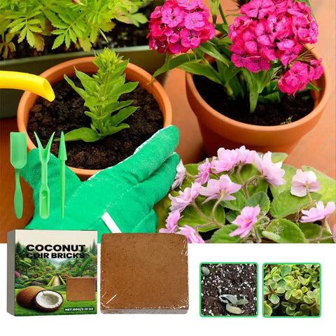 Gardening tools and pots with plants using Compressed Reusable Mulch And PH Balanced Potting Soil For Indoor Outdoor Gardening