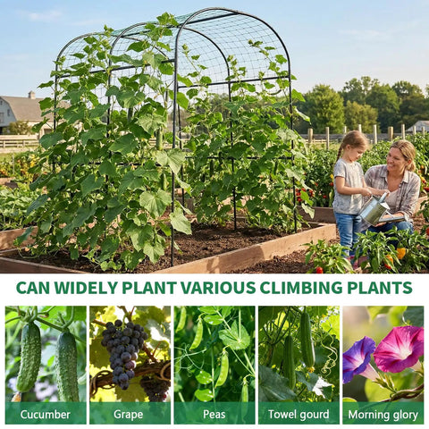 Outdoor Garden Arch Trellis For Climbing Plants, 83 Inch Tall Plant Support Arbor, shown with lush vines in raised garden bed.
