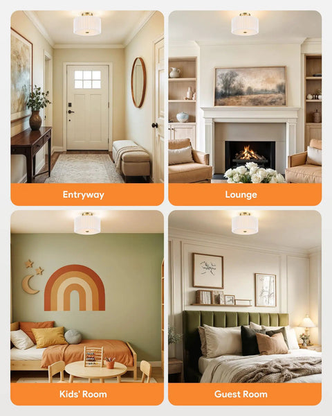 Two Light Semi Flush Mount Ceiling Light With Pleated White Shade Bronze Finish E26 Bulb Compatible Twelve Point Two Inch Modern Vibe Fixture in various room settings, including entryway, lounge, kids' room, and guest room.