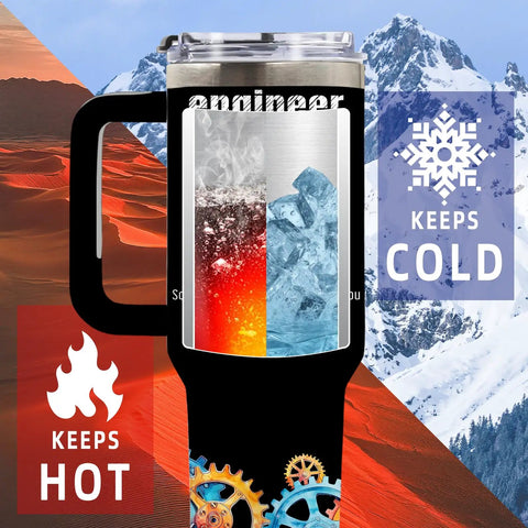 Insulated Tumbler 40 Oz For Engineers, Dope Engineer Gift showing hot and cold feature with graphic design, mountain background