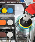 Beast 1400W Rotary Car Polisher With 6 And 7 Inch Pads used on car headlight, showing variable speed and pad types