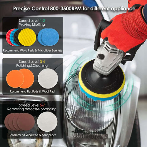 Beast 1400W Rotary Car Polisher With 6 And 7 Inch Pads used on car headlight, showing variable speed and pad types
