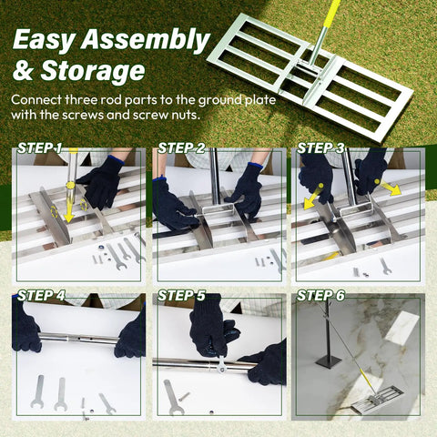 Step-by-step assembly of Lawn Leveling Rake With Adjustable Stainless Steel Handle, 6.5 Ft Extendable Pole, 30 x 10 Inch Leveling Head