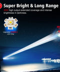 Beast Mode 20000 Lumen LED Flashlight with 30W power projecting a 3937ft beam, person holding flashlight at night by water.
