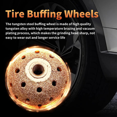 Beefed Up Tire Patch Kit With 53 Pieces Including 32mm 42mm 58mm Patches 42mm Tungsten Steel Buffing Wheel against a car tire background