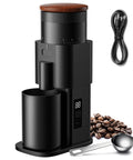 Zero Drama All Metal Single Dose Coffee Grinder Featuring A Quiet DC Motor And Eighty Precise Burr Settings For Smooth Home Espresso Grinding One Touch No Mess Operation With Sleek Black LED Display, side view with beans.