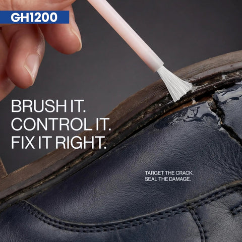 Close-up of Heavy Duty Shoe Glue being applied to cracked leather shoe with built-in brush for precise repair.