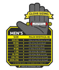 Men's glove sizing chart, showing hand measurement guide and palm width for sizes XXS to XXXL by Ironclad Performance Wear.
