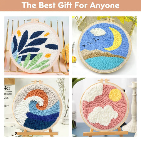 Punch Needle Kit For Beginners With Wooden Handle Tools, Adjustable Punch Needle Pen, embroidery designs in hoops display.