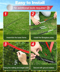 Step-by-step assembly of 10 By 7 Foot Golf Practice Net With 2 Targets, showing frame, poles, netting, and stakes on grass.