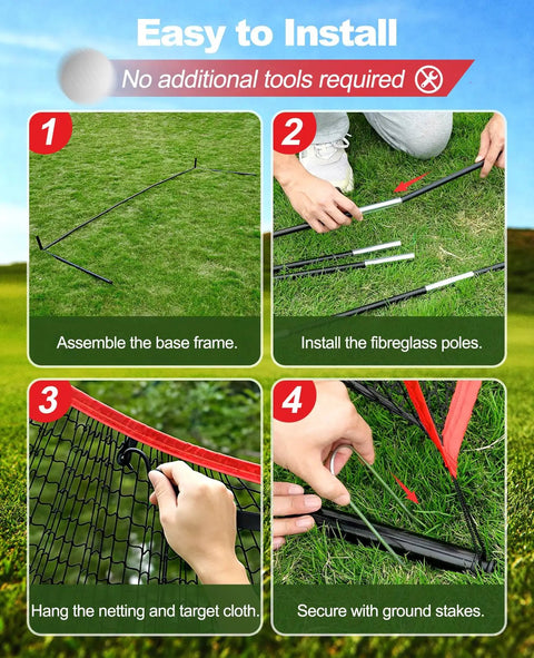 Step-by-step assembly of 10 By 7 Foot Golf Practice Net With 2 Targets, showing frame, poles, netting, and stakes on grass.