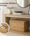 Handwoven Water Hyacinth Storage Trunk With Lid And Handles under console, Rustic Wicker Storage Chest And Storage Bench